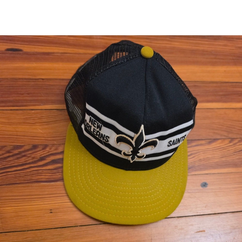 Vintage AJD Superstripe New Orleans Saints Trucker Hat Snapback NFL Black Gold